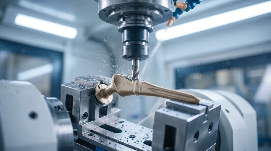5-axis CNC machining center producing orthopedic implant from titanium stock