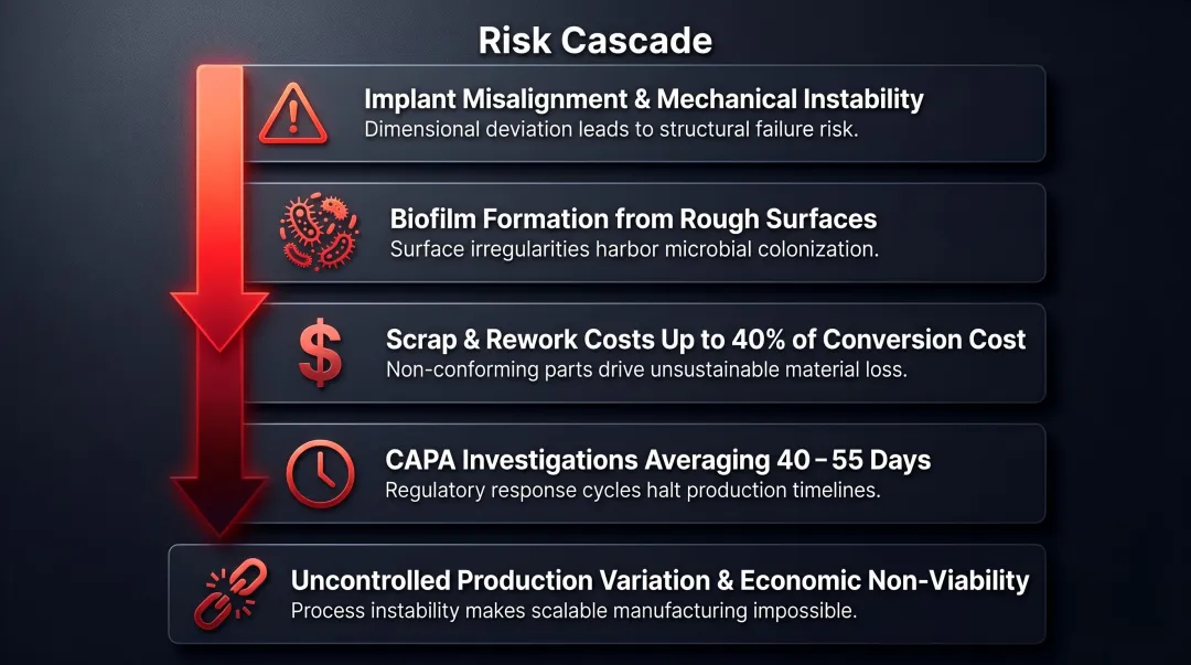 Five consequences of substandard precision machining in medical device manufacturing infographic