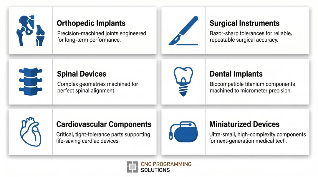 Six medical device categories served by precision machining illustrated infographic