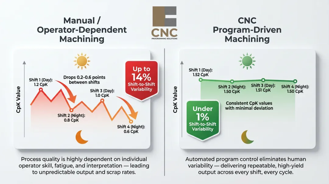 CNC versus manual machining shift-to-shift consistency and CpK variation comparison infographic