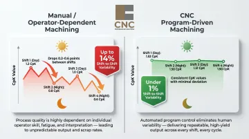 CNC versus manual machining shift-to-shift consistency and CpK variation comparison infographic