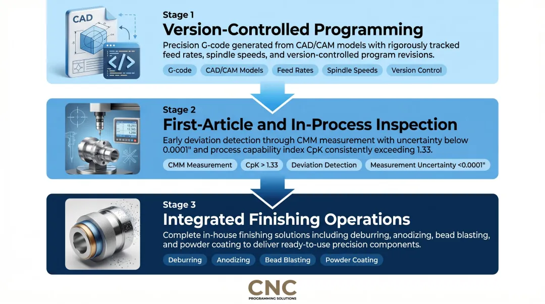 Three-step CNC turning value maximization process from programming to inspection to finishing
