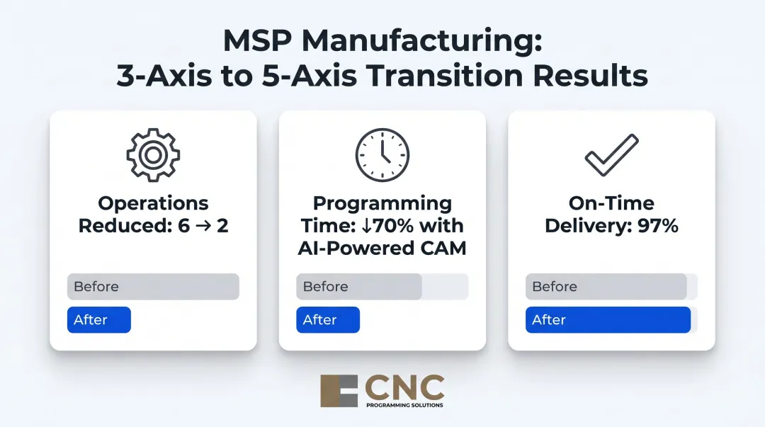 MSP Manufacturing 5-axis transition results showing operations programming time and delivery rate improvements