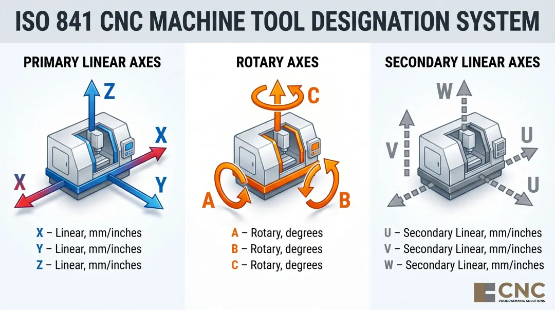 Nine standard CNC axis designations linear rotary and secondary axes diagram