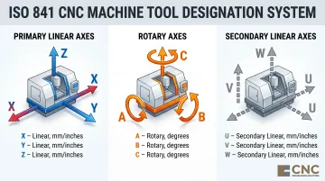 Nine standard CNC axis designations linear rotary and secondary axes diagram