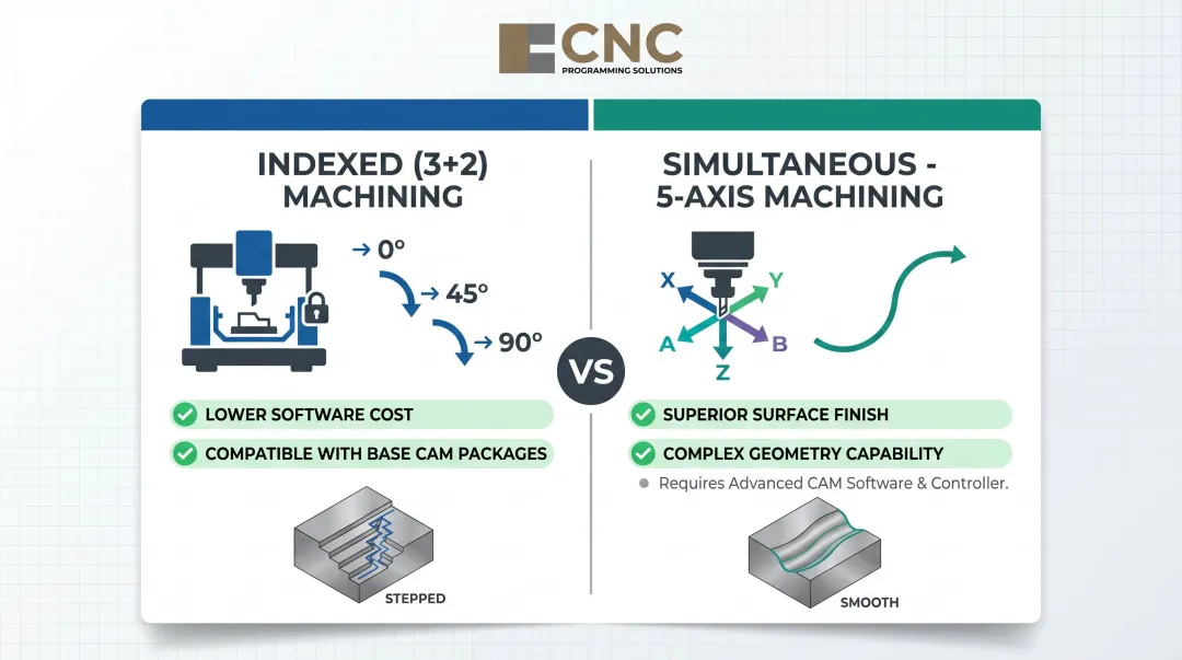 Indexed 3-plus-2 versus simultaneous 5-axis machining side-by-side comparison infographic