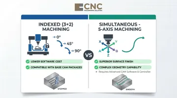 Indexed 3-plus-2 versus simultaneous 5-axis machining side-by-side comparison infographic