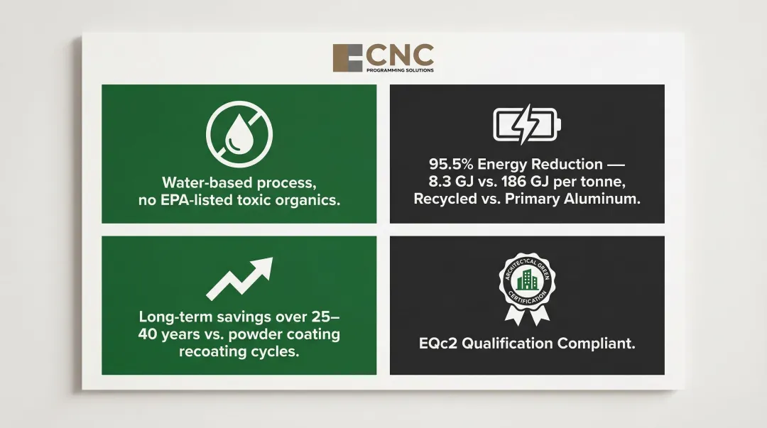 Anodized aluminum sustainability metrics lifecycle cost and LEED compliance infographic
