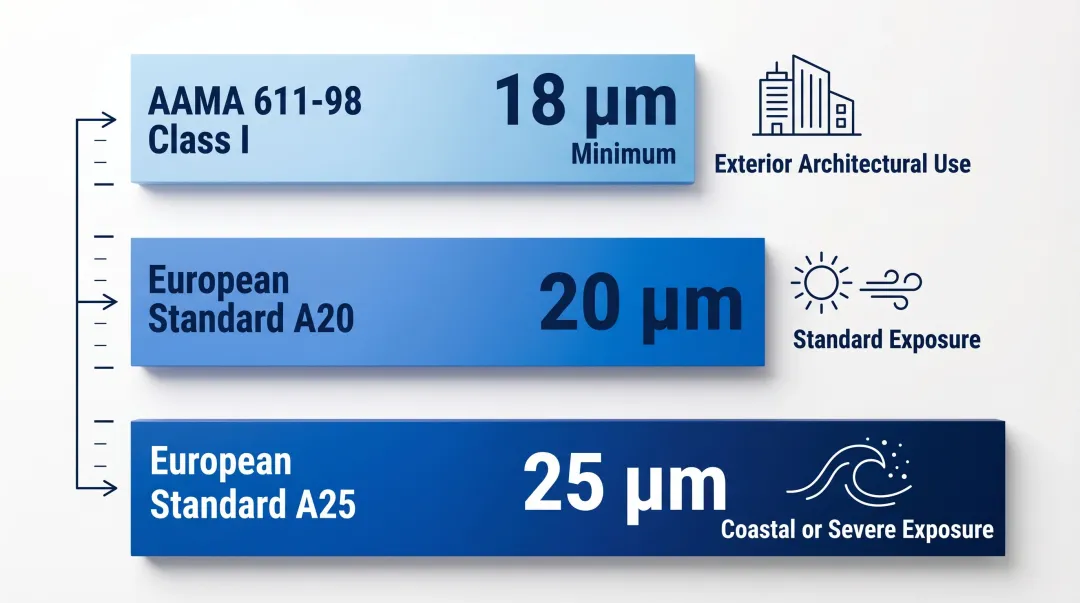 Anodized aluminum coating thickness specification tiers by exposure environment