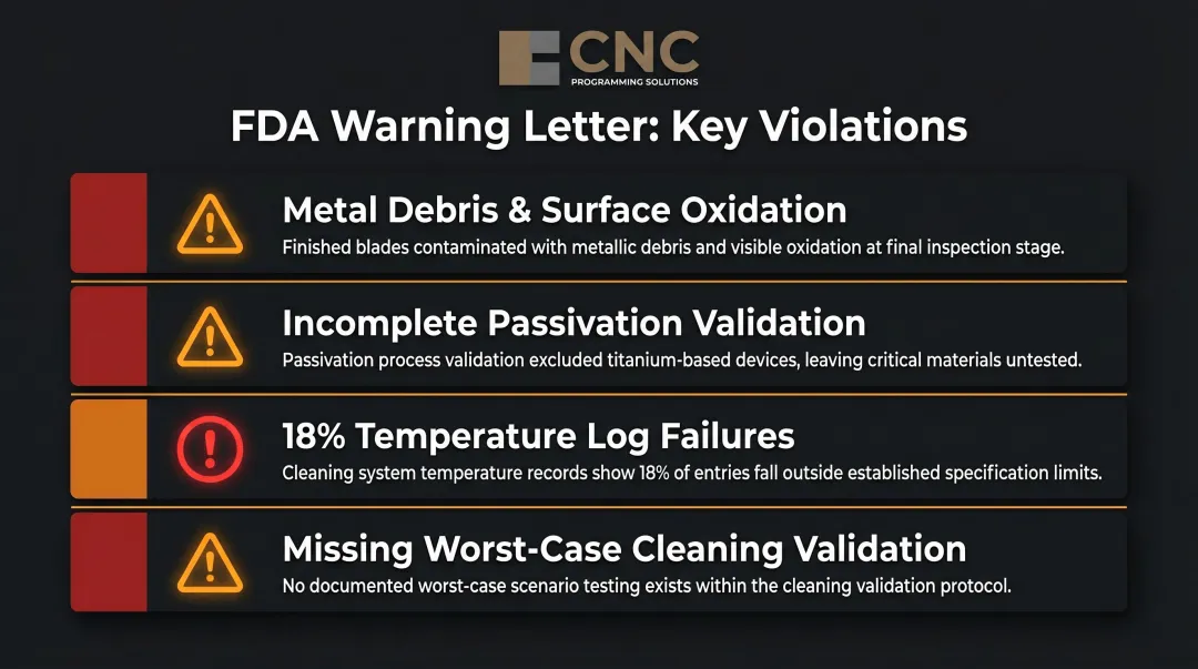 FDA warning letter Phillips Precision four surface finishing violations breakdown infographic