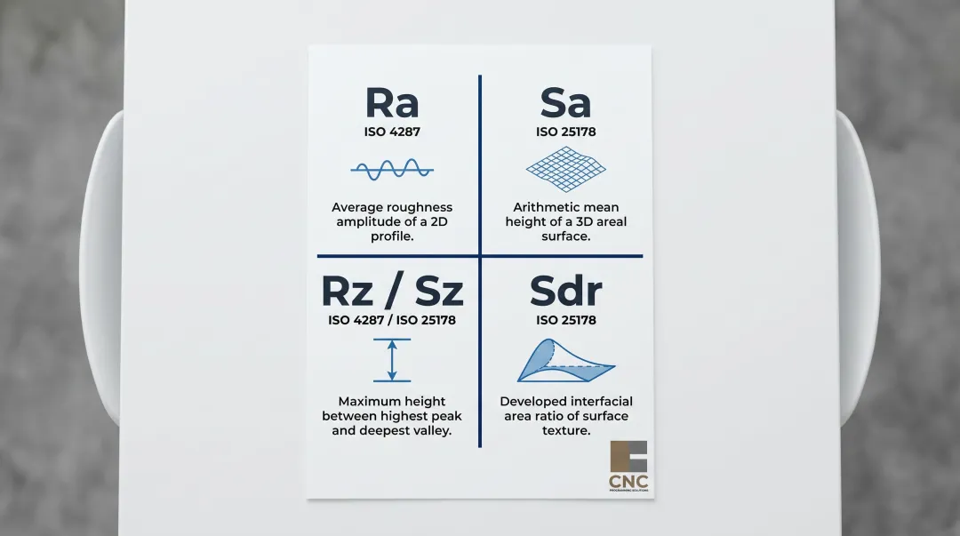 Medical device surface finish parameter comparison chart Ra Sa Rz Sdr standards