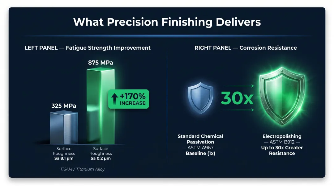 Surface finishing fatigue strength and corrosion resistance improvement data comparison infographic