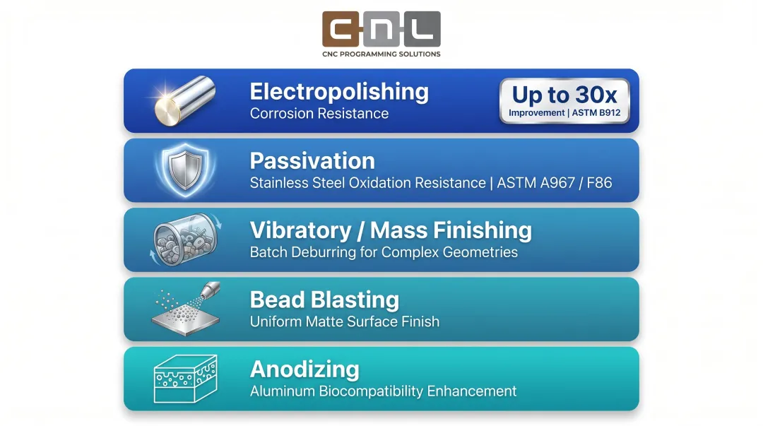Five medical component surface finishing methods comparison process selection guide infographic