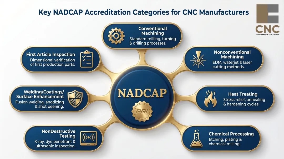 Seven NADCAP accreditation categories for aerospace CNC manufacturers process compliance overview