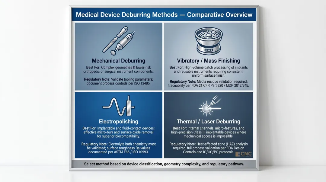 Four medical device deburring methods comparison infographic by application and material