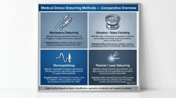 Four medical device deburring methods comparison infographic by application and material