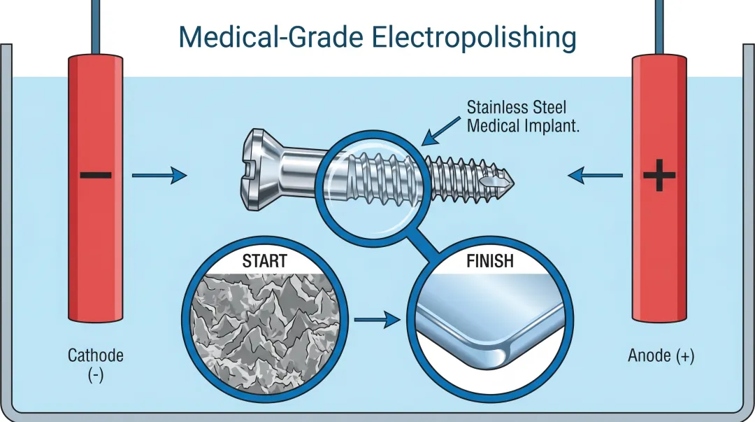 Electropolishing process on stainless steel medical implant surface finish result