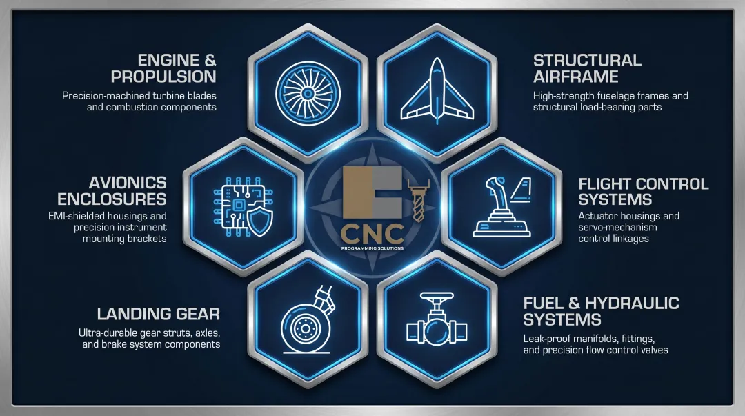 Six aerospace CNC machining application categories from engines to avionics enclosures