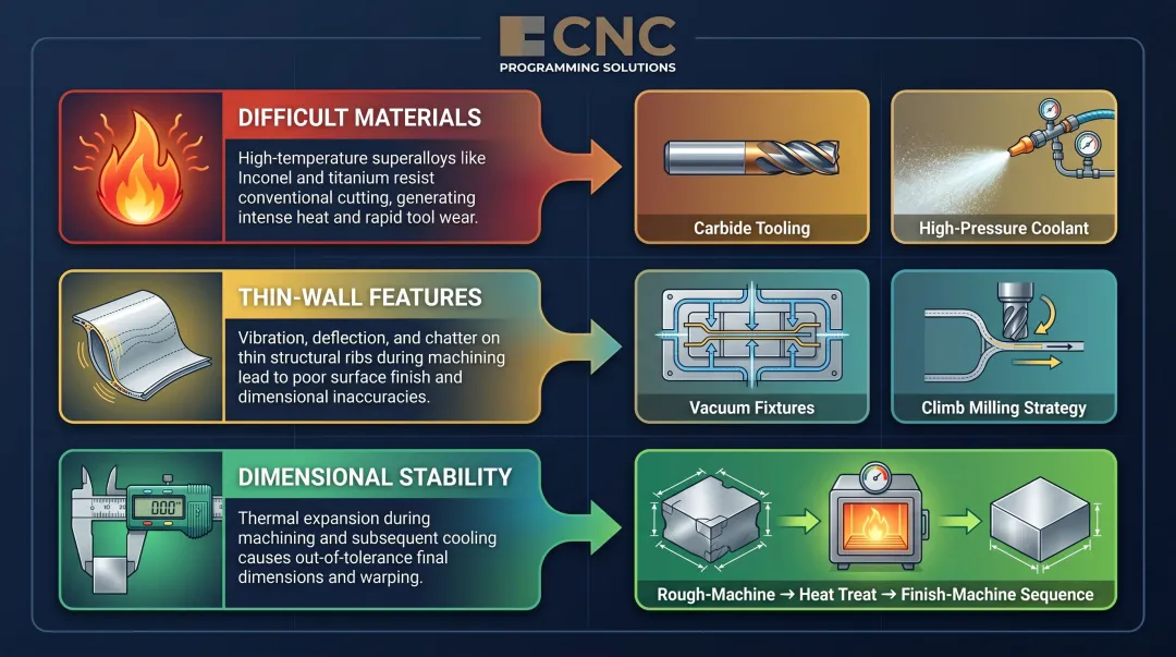 Three aerospace CNC machining challenges thin walls heat treatment difficult materials solutions overview
