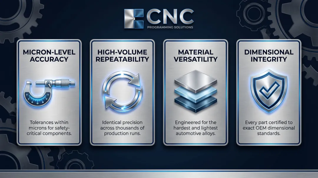 Four key CNC machining advantages for automotive manufacturing infographic