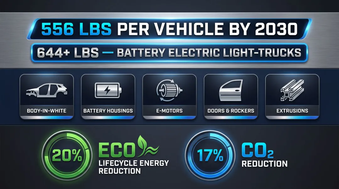 Aluminum content growth per vehicle to 2030 with lifecycle emissions reduction statistics