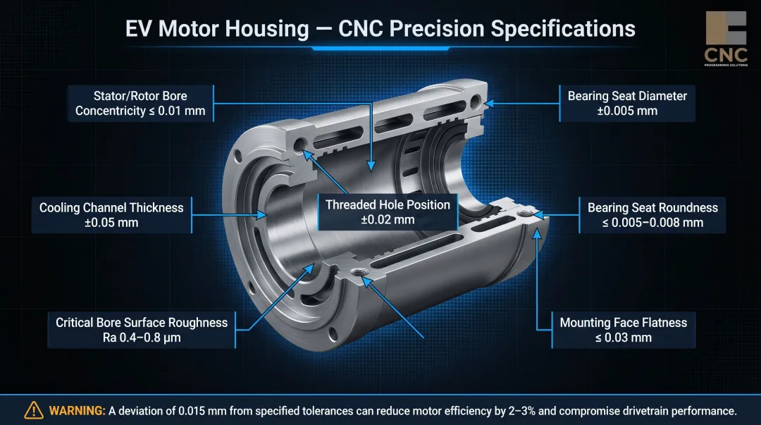 EV motor housing CNC tolerance specifications with seven precision requirements infographic