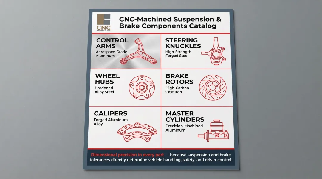 CNC machined suspension and brake components list with part descriptions infographic