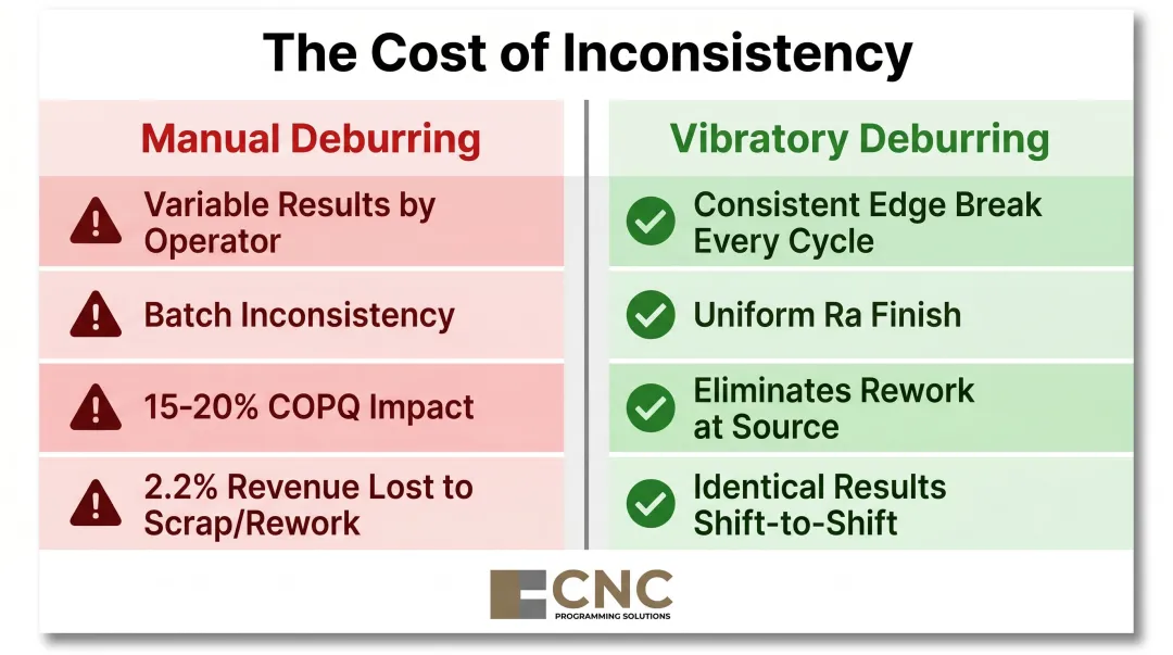 Manual versus vibratory deburring quality consistency and rework cost comparison infographic