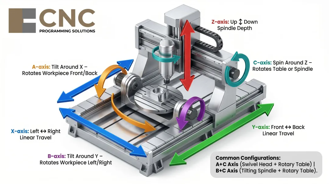 5-axis CNC machine axis diagram showing all linear and rotational axes