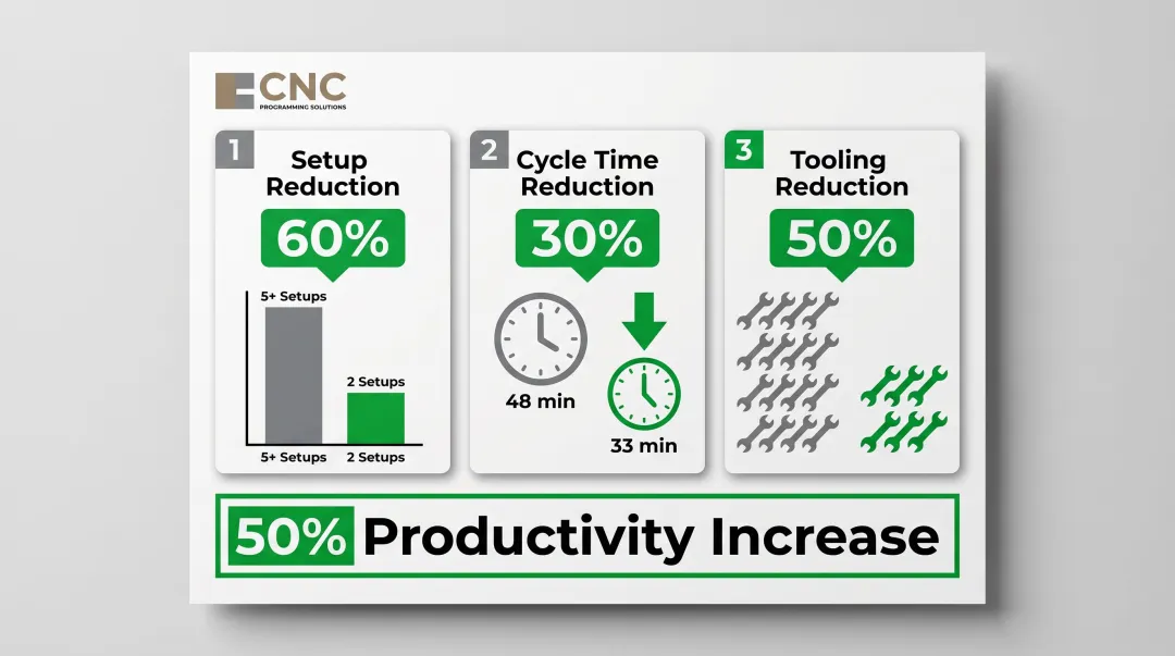 5-axis machining productivity gains showing setup reduction cycle time and tool savings