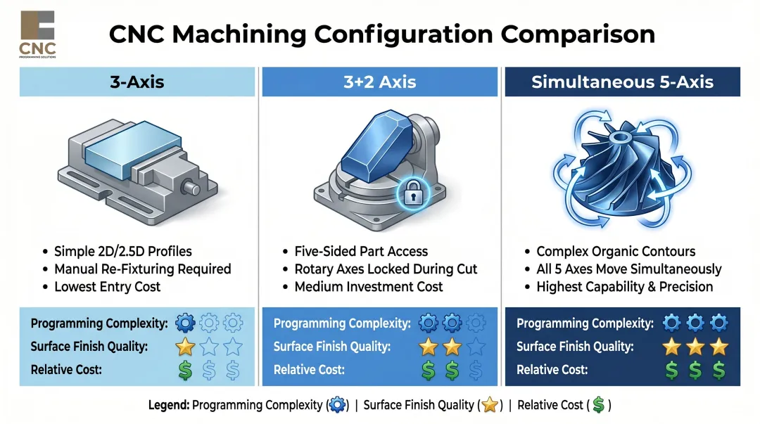 3-axis versus 3-plus-2 versus simultaneous 5-axis machining comparison chart