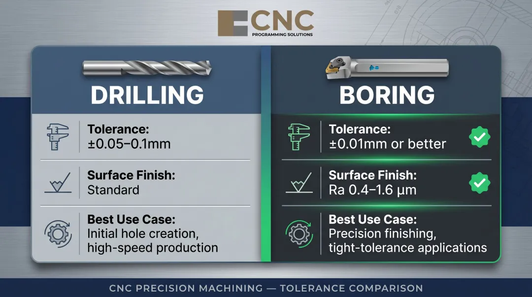 CNC boring versus drilling tolerance and surface finish comparison infographic