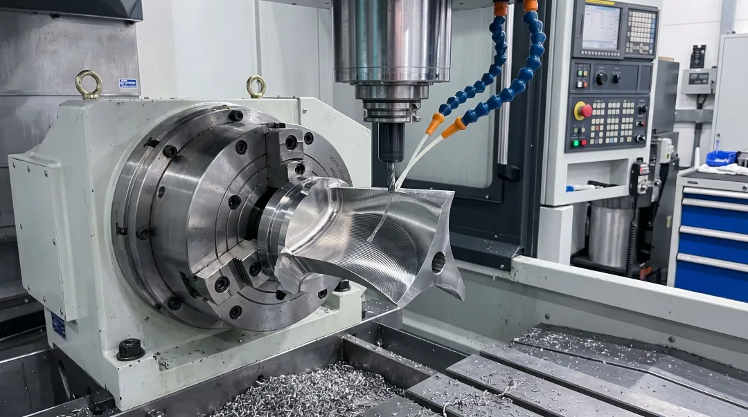 5-axis CNC machining center producing precision aerospace component with complex geometry