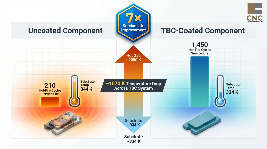 Thermal barrier coating temperature reduction and service life improvement comparison infographic