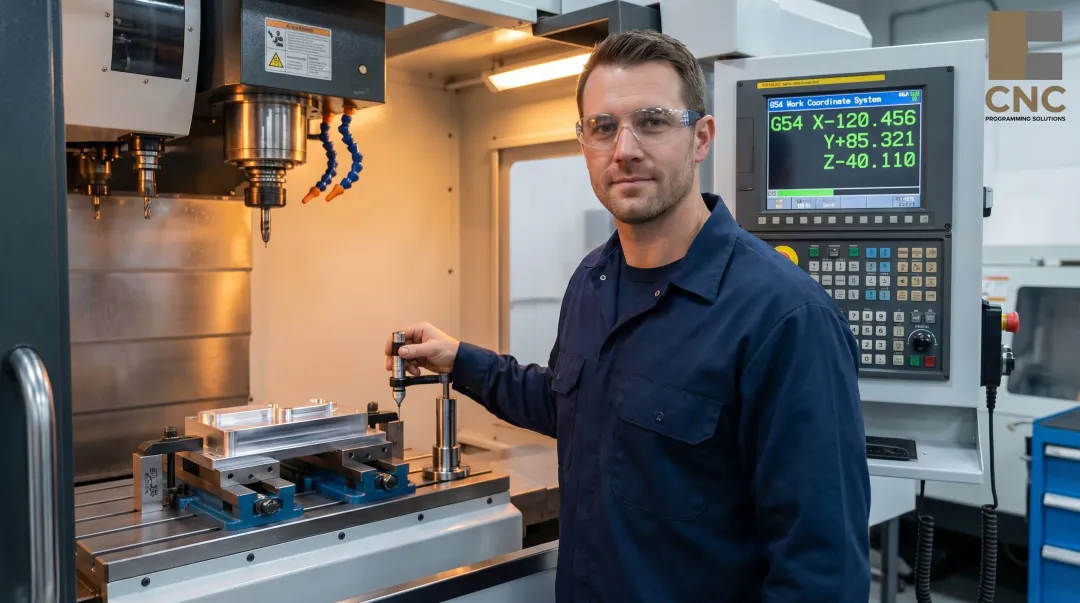 CNC machinist setting work coordinate system offsets on Fanuc control panel at machine
