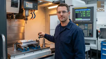 CNC machinist setting work coordinate system offsets on Fanuc control panel at machine