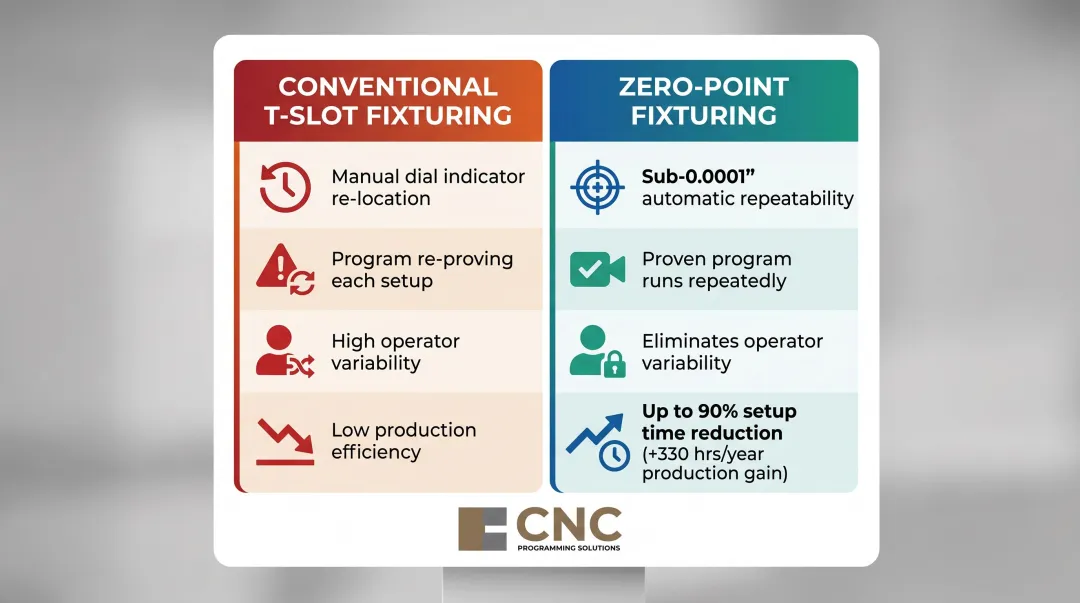 Zero-point fixturing versus conventional T-slot setup time and accuracy comparison