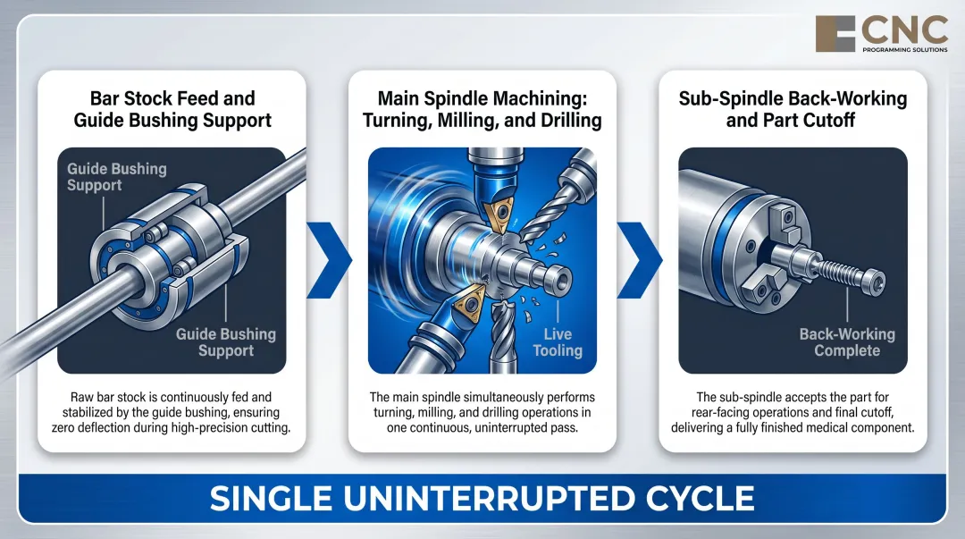 Three-step Swiss turning process flow from bar stock feed to finished part cutoff