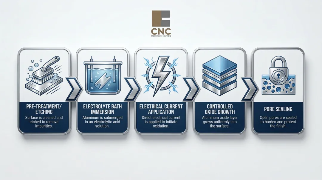 5-step clear anodizing electrochemical process flow diagram for aluminum parts