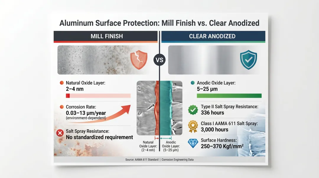 Mill finish versus clear anodized aluminum corrosion resistance data comparison infographic