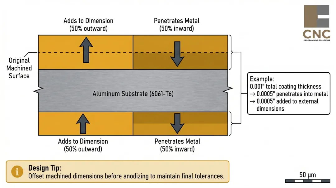Anodizing dimensional growth diagram showing 50 percent inward and outward coating penetration on CNC part