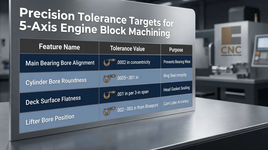 Engine block precision tolerance specifications comparison table for critical machined features