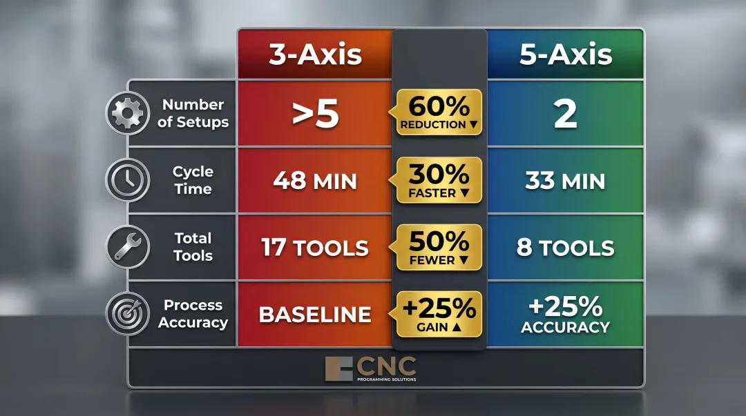 3-axis versus 5-axis CNC machining performance comparison metrics infographic