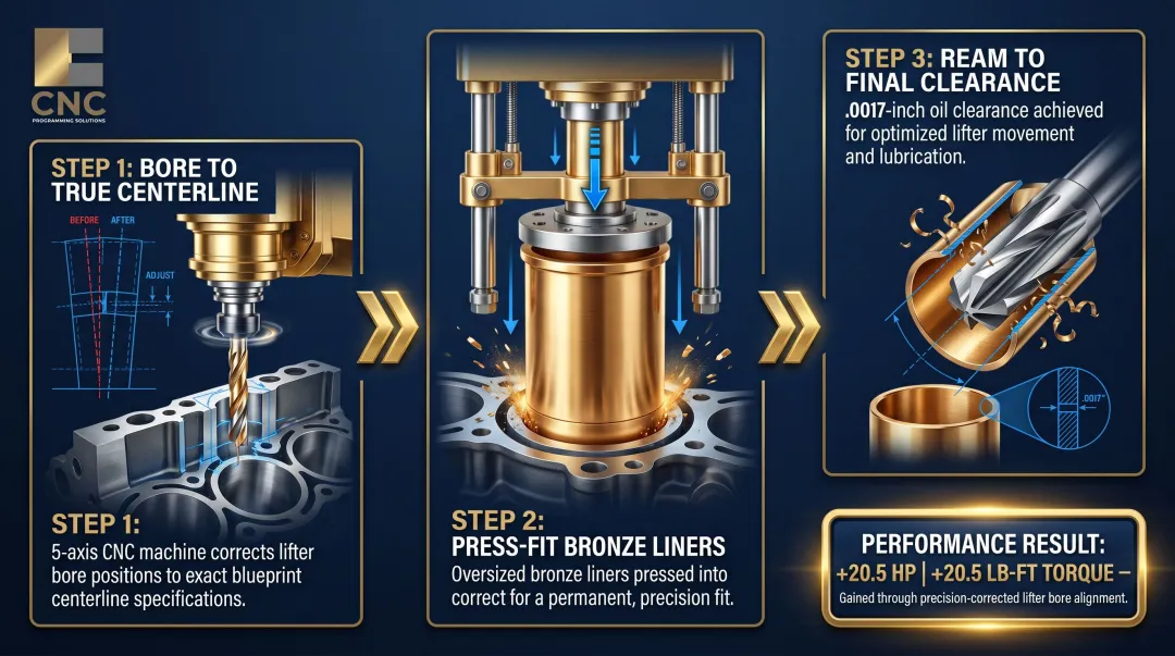 3-step lifter bore correction process flow for 5-axis CNC engine block machining