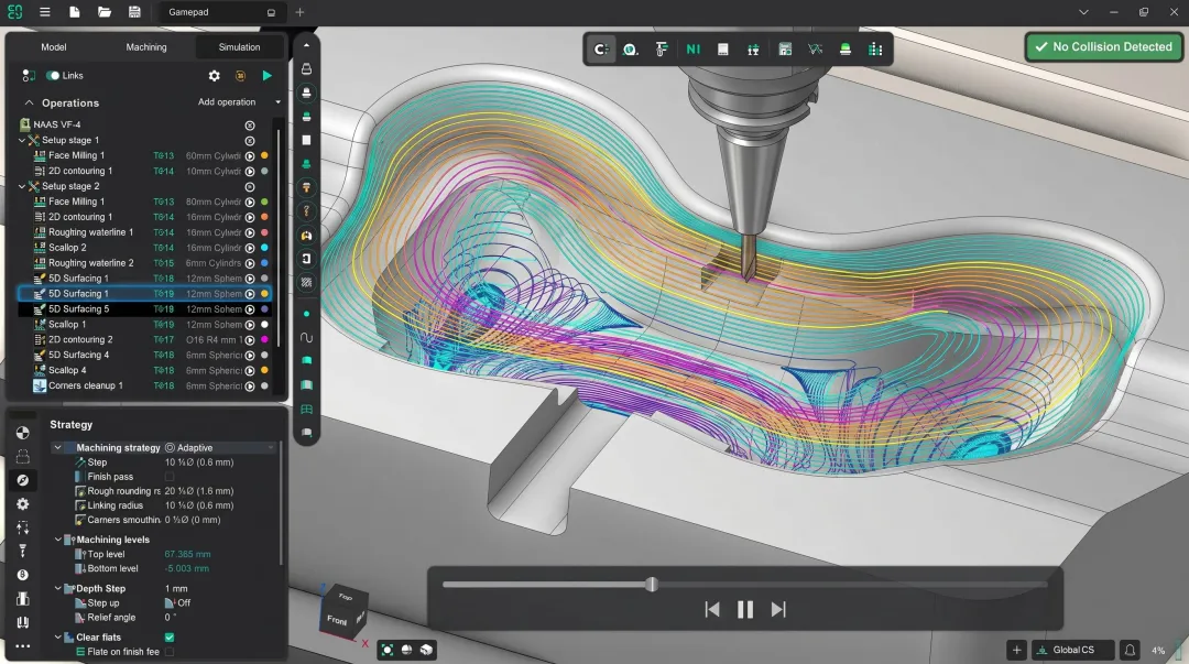 CNC CAM simulation software displaying 5-axis tool path collision verification on engine block
