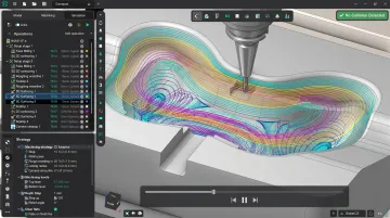 CNC CAM simulation software displaying 5-axis tool path collision verification on engine block