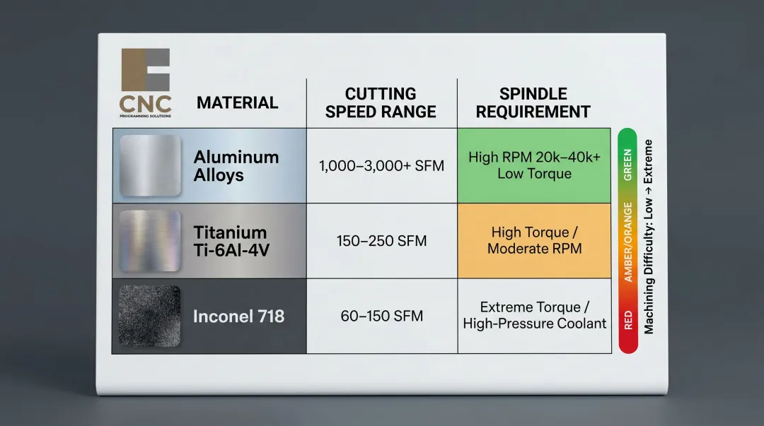 Aerospace material cutting speed and spindle requirement comparison chart aluminum titanium Inconel