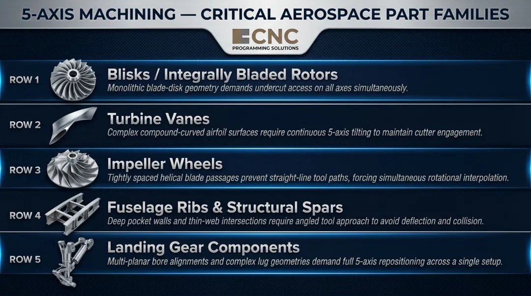 Five aerospace part families requiring simultaneous 5-axis machining capability