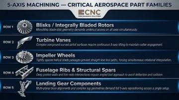 Five aerospace part families requiring simultaneous 5-axis machining capability