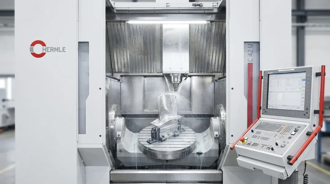 Hermle C 42 U five-axis machining center cutting aerospace precision component
